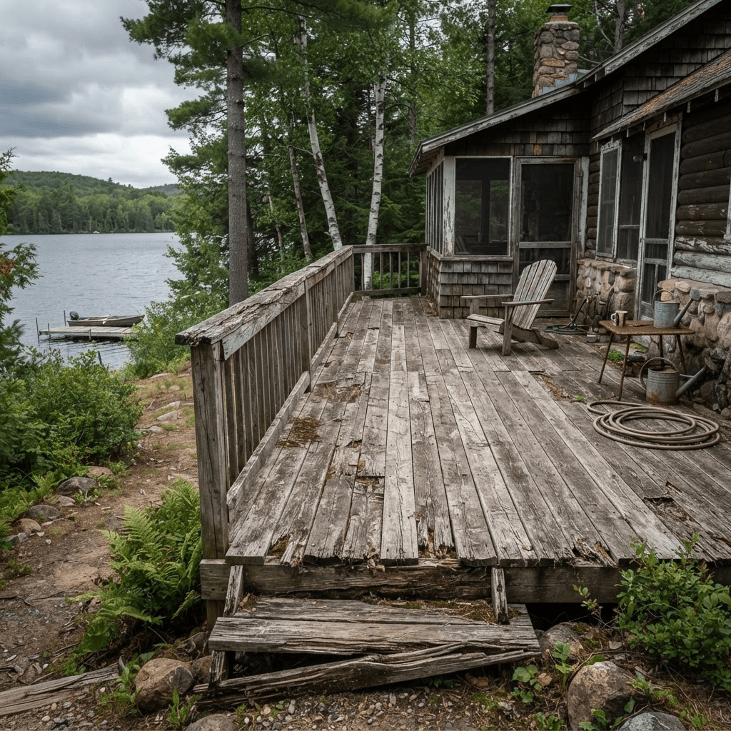 Aging weathered deck before replacement on a Lake Sylvia area home
