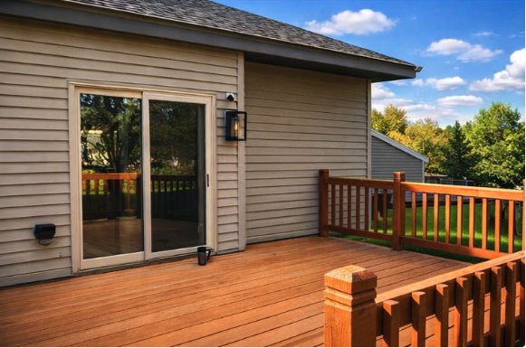 Cedar deck attached to home with patio doors and professional railings