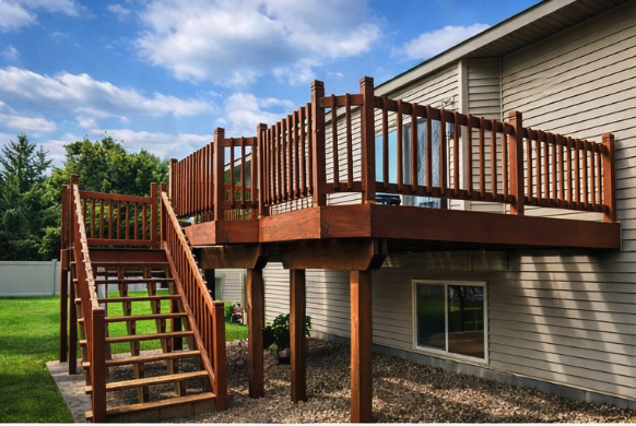 Elevated cedar deck with stairs and professional construction